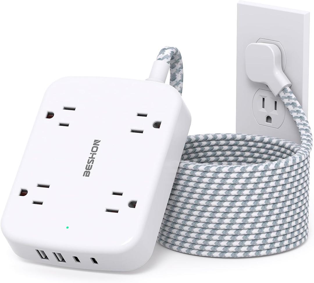 10FT Surge Protector Power Strip, Flat Extension Cord with 2 USB C, Flat Plug Power Strip, 4 Widely Outlets and 4 USB Charging Ports, Outlet Extender, 900 Joules, for Home Office Dorm Room Essentials (White) 10FT Surge Protector Power Strip, Flat Extension Cord with 2 USB C, Flat Plug Power Strip, 4 Widely Outlets and 4 USB Charging Ports, Outlet Extender, 900 Joules, for Home Office Dorm Room Essentials (White)