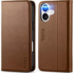 TUCCH Case Wallet for iPhone 16, PU Leather [Kickstand] Folio with RFID Blocking 3 Card Holder, Flip Book Cover [Protective TPU Interior Case] Compatible with iPhone 16 5G, Brown
