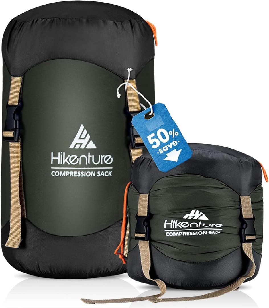 Hikenture Compression Sack for Sleeping Bag, Upgrade Anti-Tear Nylon Sleeping Bag Stuff Sack, 20L Water-Resistant Compression Bag, Storage Bag (Dark Green, 20L)