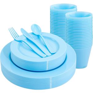 KIRE 150 Piece Blue Plastic Plates Disposable - Blue Dinnerware Set Includes 25 Dinner Plates, 25 Salad Plates, 25 Utensils Set 25 Clear Cups for Birthday/Picnic/Baby Shower/Easter/Spring