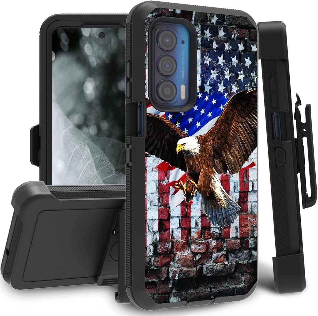 for Motorola Edge 2021 Case/Moto Edge 5G UW Case, Full-Body Rugged Shockproof/DustProof Triple-Layer Durable Protective Cover Holster with Swivel Belt-Clip, Patriotic Eagle USA Flag