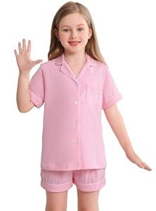 Veseacky Kids Pajamas Sets 100% Cotton ButtonDown Short Sleeve 2 Piece Pajamas Set Boys Girls Pjs (Pink, 120)