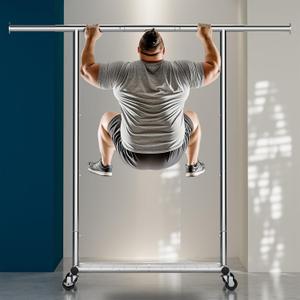 Frylr Rolling Clothes-Rack Heavy Duty - Portable Metal Garment Rack with Adjustable Hanging Rod, Sturdy Closet Organizer with Wheels, Hanging Shelves for Clothing and Coats, Easy Assembly, Silver