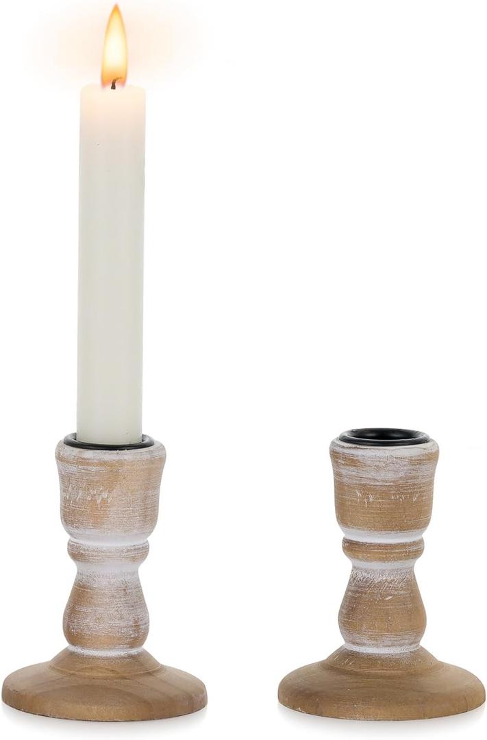 NUPTIO Taper Candle Holders Wood: 2 Pcs Rustic Brown Wooden Candlestick Holder - Vintage Small Farmhouse Candles Stick Candleholder for Christmas Wedding Party Home Living Room Table Decor