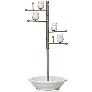 Hosley White Ceramic Owl Jewellery Stand Holder Organizer- 15Inch High Sturdy Hanger Ideal Gift for Women, Gold Jewellery, Tower for Necklace, Earring, Bracelet