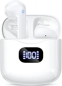 KTGEE Wireless Earbuds, Bluetooth 5.3 Headphones with 40Hrs Playtime LED Power Display Charging Case, Touch Control Clear Call Stereo IPX5 Waterproof in-Ear Earphones with Mic for Sports/Work, White