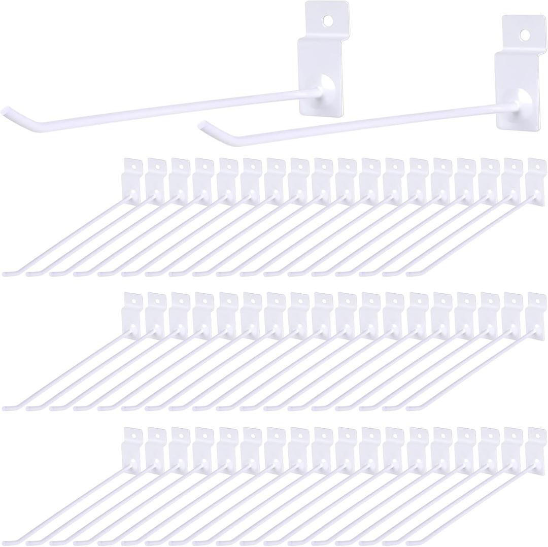 Moxweyeni 100 Pack Slatwall Hooks Slatwall Accessories Slat Wall Hanging Pegboard Hangers Slat Board Display Hooks for Retail Garage Organization Gridwall, White(7.8 Inch)