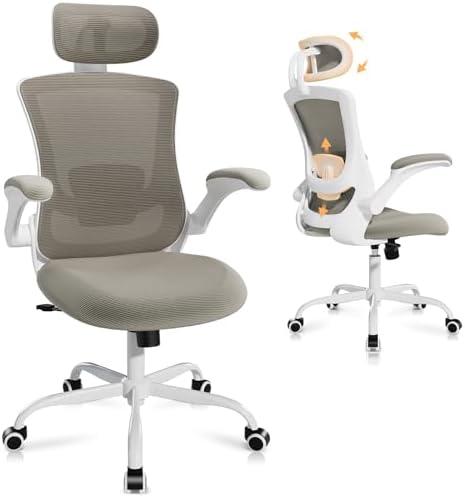 Ergonomic Office Chair with Adjustable Lumbar Support & Headrest, High Back Mesh Desk Chair with Flip-Up Armrests, Breathable & Comfortable Computer Chair for Home, Office & Study –Khaki