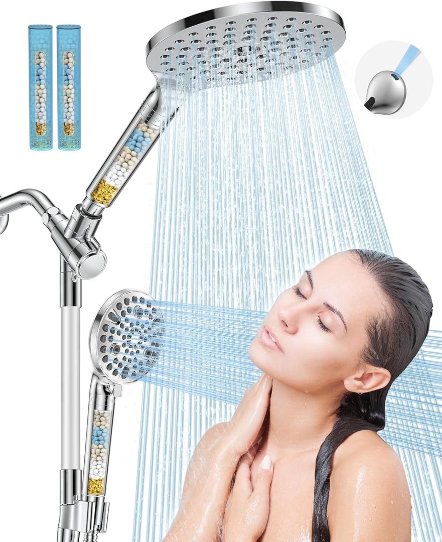 Dual Filtered Handheld Shower Heads Combo, HOPOPRO 15-Mode High Pressure Rainfall Showerheads Combo Set with Filter, for Hard Water, Removes Chlorine, Improves Skin Hair Condition, Modern Chrome