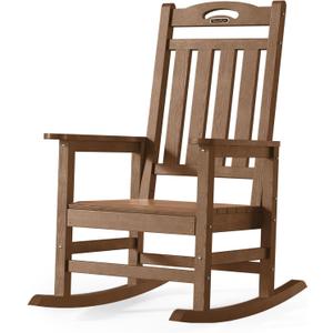 Oversized Outdoor Rocking Chair, High Back Porch Rocker Chair,HDPE All Weather Resistant RockingChairs for Patio, 380lbs Weight Capacity,Teak