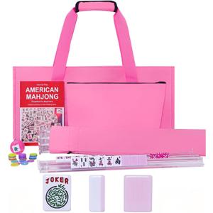 American Mahjong Game Set, 166 Pink Tiles, Pink Bag and Accessories, 4 All-in-One Transparent Rack/Pushers, Mahjong Tiles Set, 22.8 x 9.8 x 2.8 inches