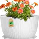 WSMKSZ 12 Inch Large Plant Pots for Indoor or Outdoor Plants, Wide Water Ripples Flower Pots with Drainage Holes & Saucer, Plastic Planters Set for Garden & Home Decor (White)