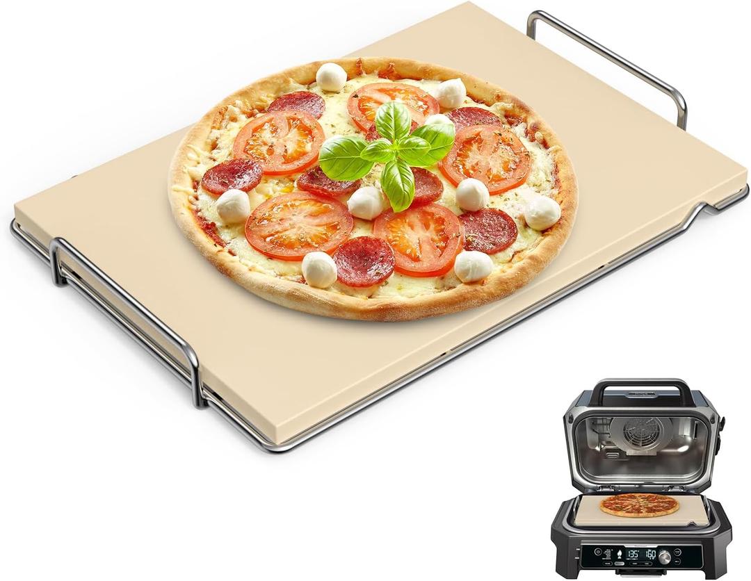 Outspark Pizza Stone with Grill Rack for Ninja Woodfire Outdoor Smoker XL OG800 OG900 Series Grill Accessories, Rectangle Pizza Baking Stone Set for Oven and Grill Baking