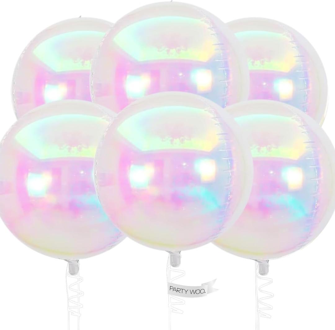 PartyWoo Iridescent Foil Balloons 6pcs 22 Inch Large Round Foil Big Giant 4D Jumbo Inflatable Mirror Ball Mylar Balloons for Wedding Anniversary Birthday Baby Shower Disco Party Decorations