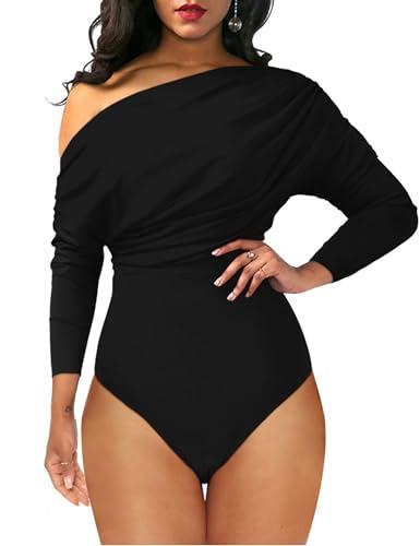 YMDUCH Women's Sexy Long Sleeve Off Shoulder Backless One Piece Bodysuit Top Black, S