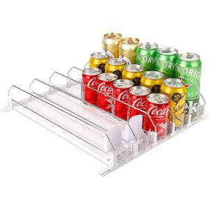 Drink Dispenser for Fridge, Soda Can Organizer for Refrigerator, Adjustable Width Beverage Self-Pushing Glide Rack, Up to 25 Cans Storage for Fridge Pantry (White, 15 Inch, 5 Rows)