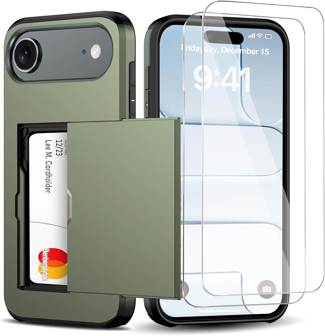 for iPhone Air Wallet Case with Card Holder 2025 + 2 Tempered Glass Screen Protector Protective Shockproof Hidden Card Slot Slim Case Women Men for iPhone Air 6.5 2025(Deep Green)