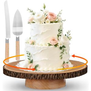 Rotating Cake Stand 12" Wood Cake Stand with Cake Cutting Set,Rustic Wooden Cake Stands for Party/Wedding/Baking Gifts/Event/Cake Turntable for Decorating
