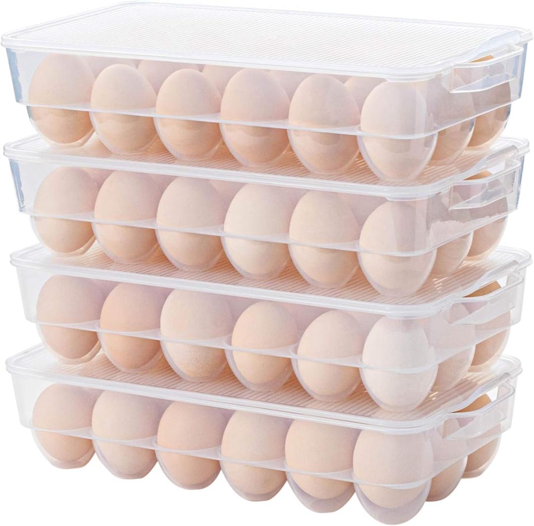 ZHENFAN Clear Plastic Egg Holder for Refrigerator, Stackable Egg Storage Trays With Lid & Handles, Plastic Egg Box Carrier 4 Pack, BPA-Free Egg Storage Container for 18 Eggs