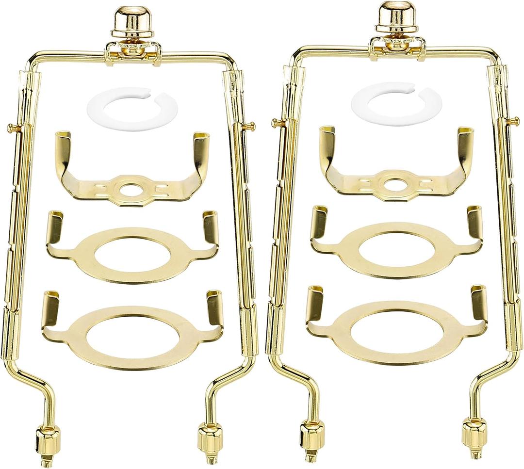 2Packs 7 8 9 10 inch Lamp Shade Harp Holder, Adjustable Lamp Harps and Finals, Fit both Standard Lamp Rod and E26 E27 Light Base UNO Fitter Adapter Converter Finial Set (Gold)