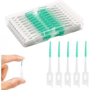 Dental Floss Picks, 200 Count, Soft Rubber Brush Head, Interdental Brushes with Convenient Carry Case,Dual-Ended Toothpick Travel Teeth Cleaning Tools (Green)