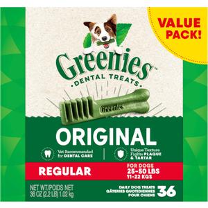 Greenies Original Regular Dental Dog Treats, 36 oz. Pack (36 Treats), Best By 19 FEB 26