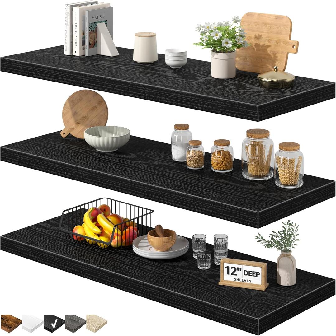 QEEIG 12" Deep Floating Shelves for Wall - 12 x 36 inch Book Shelf Bathroom Bedroom Kitchen Living Room Hanging Bookshelf Farmhouse Set of 3, Black (026-90B3), 12"D x 35.4"W