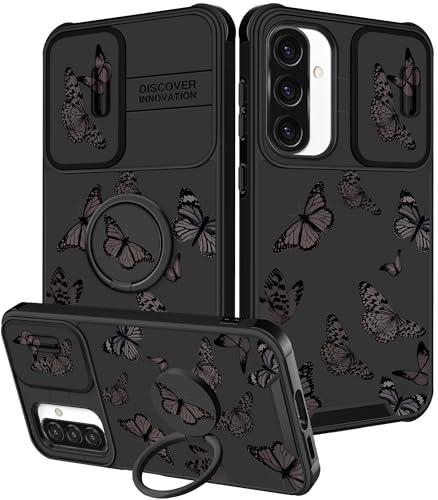 Funermei for Samsung Galaxy A36/A56 5G Phone Case - Women Girls Cute Phone Cover Girly Pretty Aesthetic Black Butterfly Unique Design with Camera Cover Ring Stand Funda for A36/A56 5G Case