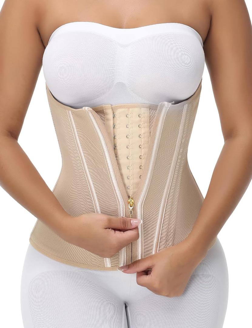 SHAPSHE Waist Trainer for Women Tummy Control Workout Waist Cincher Corset Shapewear Postpartum Body Shaper with Zipper Hook (Small, Tan-long Torso)