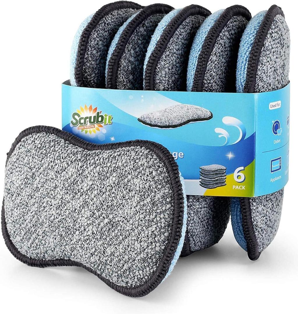 Multi-Purpose Sponges Kitchen by Scrub-it - Non-Scratch Microfiber sponges for Cleaning, Along with Heavy Duty Scrubbing Power - Reusable Dish Sponge for Dishes, Pots and Pans (6 Pack, Small) (Gray & Blue)