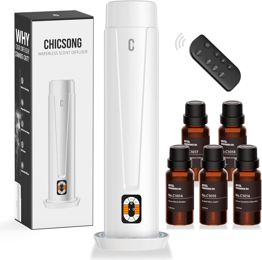 Waterless Scent Diffuser  1200 Sq Ft Coverage, Essential Oil Diffuser with Remote Control, Quiet Aromatherapy Diffuser with LED Light & Timer, Scent Air Machine for Home, Office, Hotel (Glossy White)