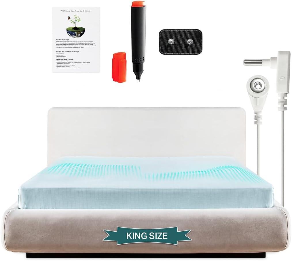 Luxury Grounding Sheets King, 90% Organic Cotton + 10% Pure Silver Fiber, Grounded Fitted Bed Sheet Kit, Deep Pocket, Relieves Pain - Used for Healthy Sleep Therapy - Seafoam Silver