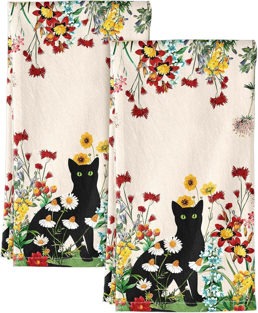 Flour Sack Kitchen Towels - Set of 2 Spring Dish Towels with Hanging Loop 18x26 Inch Absorbent Reusable Cotton Cloths for Cleaning Cute Design Home Decorative Housewarming, Flower Cats