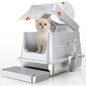 Stainless Steel Cat Litter Box with Lid, Small Enclosed Metal Litter Pan with High Sides, Full Flip Cover Litter Box for Kittens, Include Scoop & Step, Leak Proof Easy Clean Odor Control, Grey