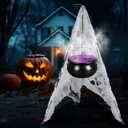 Halloween Decorations Outdoor Large Witches Cauldron on 52" Tripod with 12 LED Mister and Mesh Spider Black Plastic Witches Bowl Candy Bucket Cauldron for Halloween Porch Yard Decoration