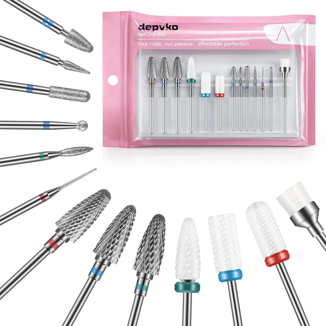 Depvko 13PC Nail Drill Bits Set, Drill Bits for Nails, 3pcs Tungsten Carbide Drill Bits+ 3pcs Ceramic Efile Nail Drill Bits+ 6pcs Cuticle Drill Bits+ 1pcs Brush, 3/32 inch Nail Bits for Nail Drill