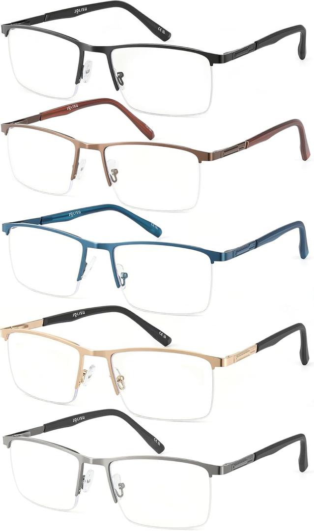 JOLISU 5 Pack Reading Glasses for Men Women, Blue Light Blocking Computer Readers, Metal Half Frame Spring Hinge, Magnification Strength: 1.75 x