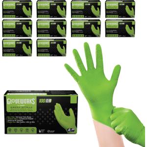 GLOVEWORKS HD Green Gloves, 8 Mil Nitrile Disposable Heavy Duty Raised Diamond Grip Mechanic Glove, Bulk Purchasing Options