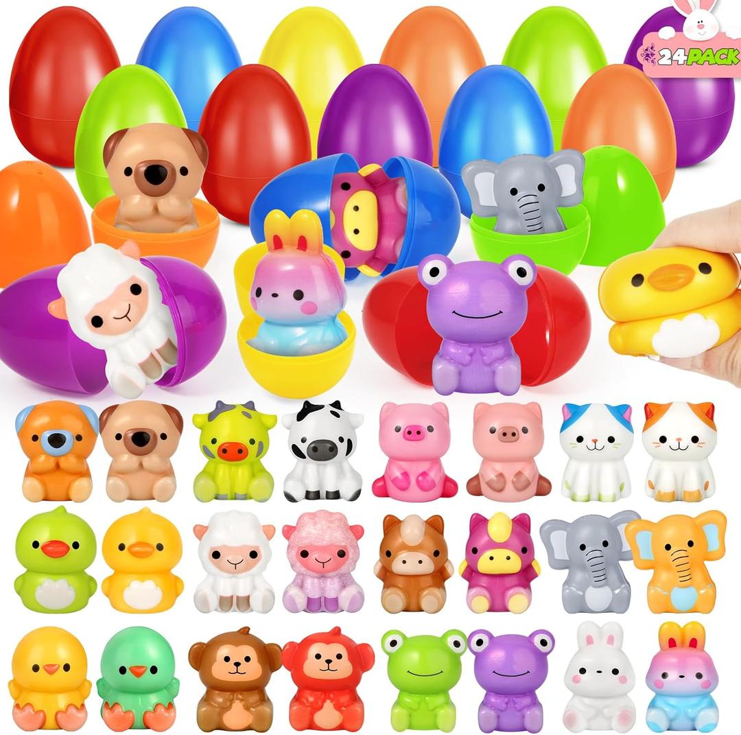 SpringFlower 24 Pack Easter Eggs Filled with Animal Squishy Toys for Easter Eggs Hunt, Easter Basket Essentials, Basket Stuffers Fillers, Easter Party Favors for Kids, Classroom Easter Prizes