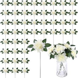 XunYee 50 Pack Artificial Wedding Dahlia Flowers Bulk Silk Dahlias with Stems and Green Leaves Fake Flora Decoration Faux Bouquets for DIY Bridal Shower Wedding Party(White)