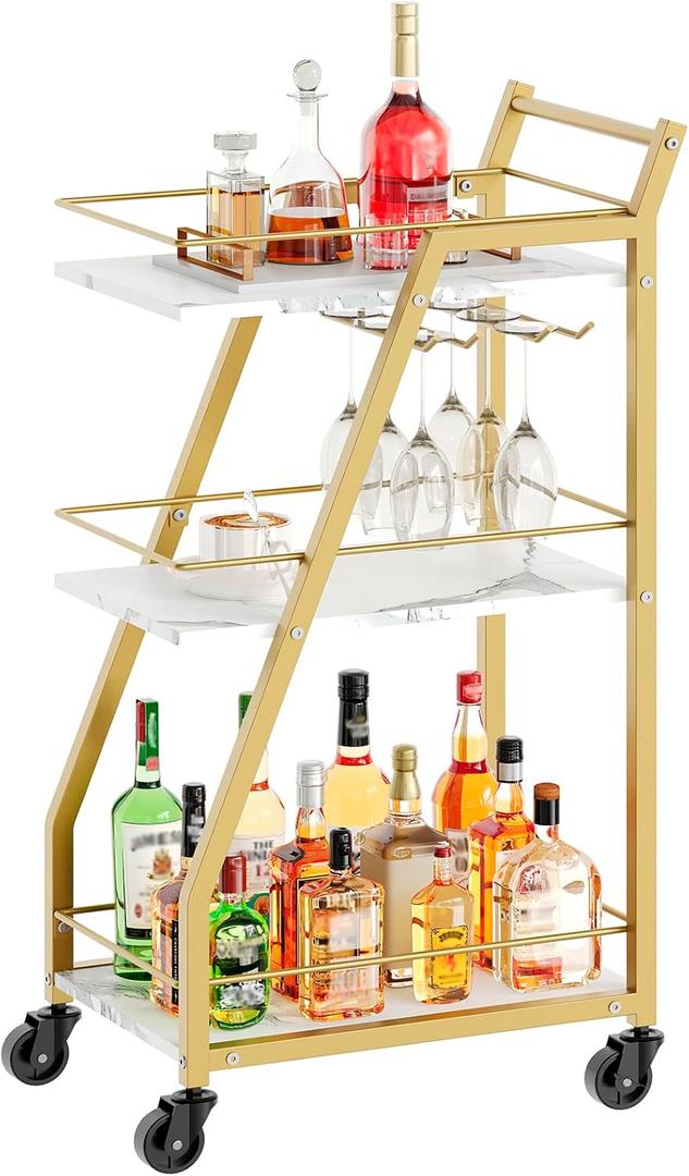 Bar Cart, Gold Bar Cart for The Home, Small Bar Cart on Wheels, Beverage Cart, Home Bar Serving Cart with Glass Holder, Drink Cart for Bar, Kitchen, Marble White and Gold BC03DW