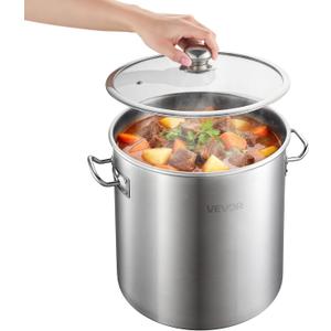VEVOR Stainless Steel Stock Pot, 21-Quart Stainless Steel Stockpot with Glass Lid, PFOA-Free, PFAS-Free, Compatible with Gas Stoves, Induction Cooktops, Electric Stoves, for Soups, Stews, and Pasta