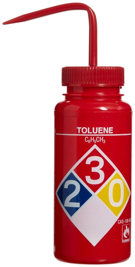 SP Bel-Art Safety-Labeled 4-Color Toluene Wide-Mouth Wash Bottles; 500ml (16oz), Polyethylene w/Red Polypropylene Cap (Pack of 4) (F11716-0016) Made in USA