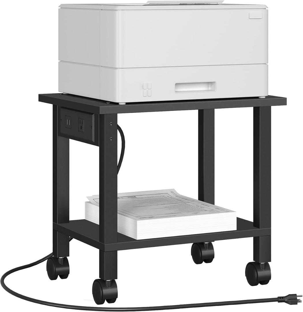 TUTOTAK 2 Tier Printer Stand, Rolling Printer Cart with Power Outlets and USB Ports, Mobile Printer Table with Wheels, for Under Desk, Office, Home, Black PS01BK001 (2 tier(15.7 x 11.8 x 15.4inchs))