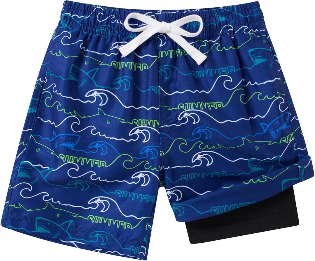 westwolf Boys Swim Trunks Compression Liner Bathing Suit Quick Dry Swimsuit 5-16T (10-12, A White Blue 02)