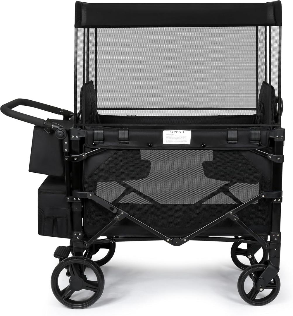 Wagon Stroller for 2 Kids, High Seat & 5 Point Harness, Foldable All-Terrain Wagon for Toddler with Canopy, Parent Organizer, Shoulder Bag, Adjustable Handlebar, Ultimate Double (Black, W2-M)