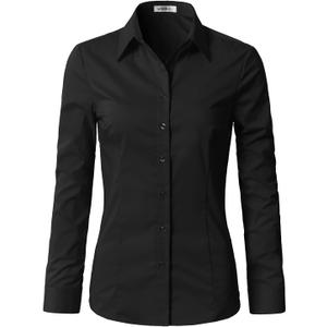 DOUBLJU Classic Dress Shirts Long Sleeve Slim Fit Button Down Y Shirt Basic Casual Soft Blouse Tops for Womens with Plus Size (Black, XXXL)