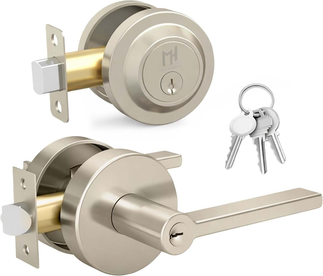 Mega Handles Ralph Entry Door Handle & Deadbolt Lock - 1 Pack Reversible Heavy Duty Brushed Nickel Door Handles & Deadbolt for Interior/Exterior Doors, Fits All Standard Doors - Satin Nickel