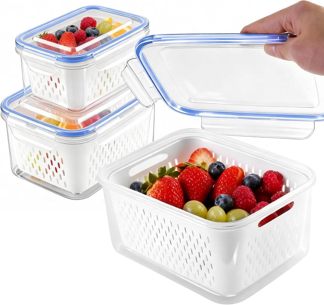 Fresh Produce Storage Containers for Fridge, 3 Pack Fruit Vegetable Keeper with Drain Basket & Airtight Lid, BPA Free Fridge Organizer Bins for Berries, Salad, Meal Prep, 28oz 60oz 111oz