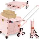 Foldable Utility Cart with Stair Climbing Wheels, Collapsible Rolling Crate with Magnetic Lid Telescopic Cover, Adjustable Telescoping Handle, 360° Rotate Wheel Hand Cart for Teacher Shopping Moving (Pink)